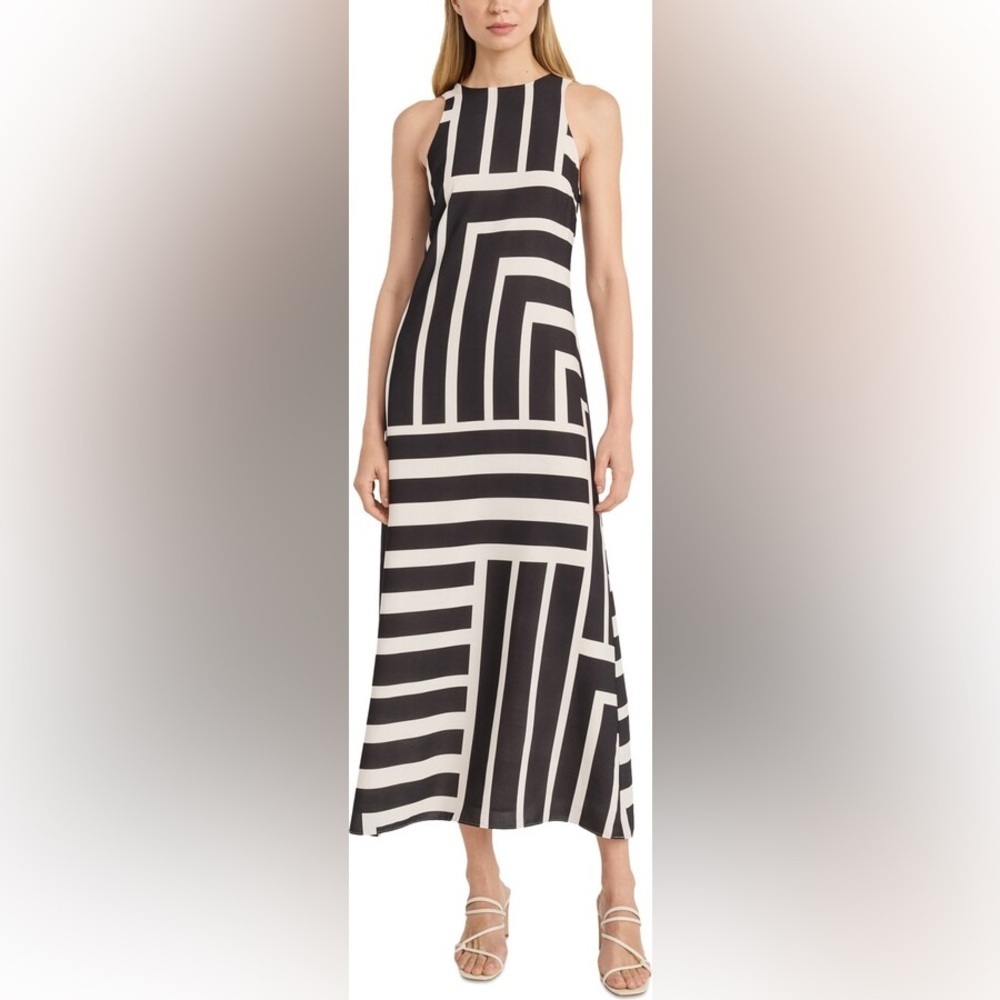 NWT Donna Morgan Black Cream Geometric Stripe Maxi Dress Sz 2 Sleeveless A-Line